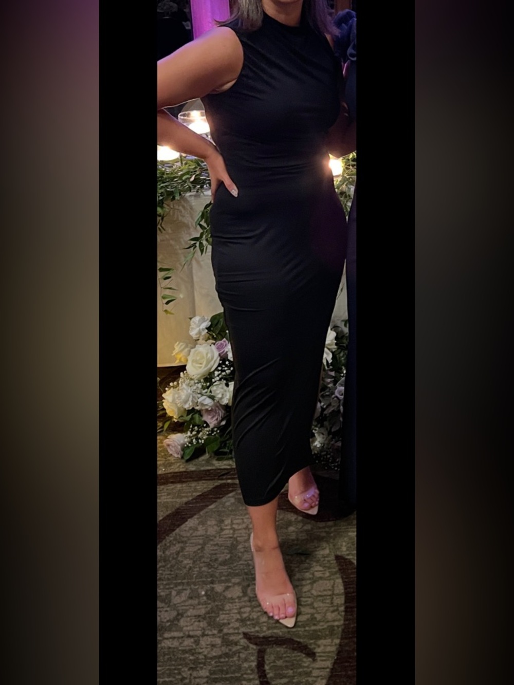 Sleeveless Mock Neck Black Midi Dress with Side Slit - Picture 3 of 12